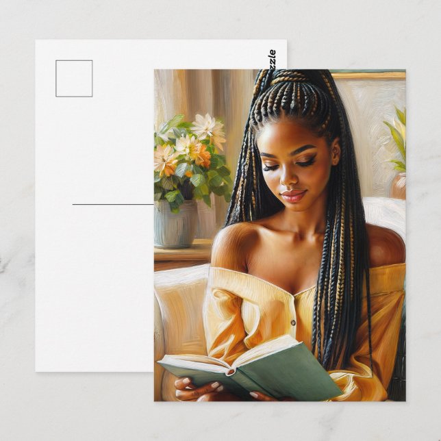 Postale Femme Noire avec tresse Cheveux Lecture Carte Post (Devant / Derrière)