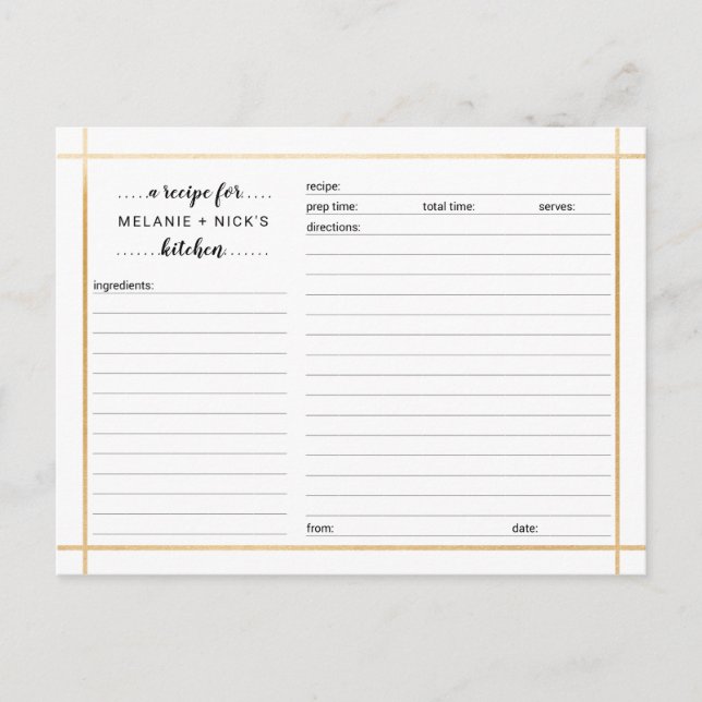 Postale Fête des mariées carte de recette, cadre or simple (Devant)