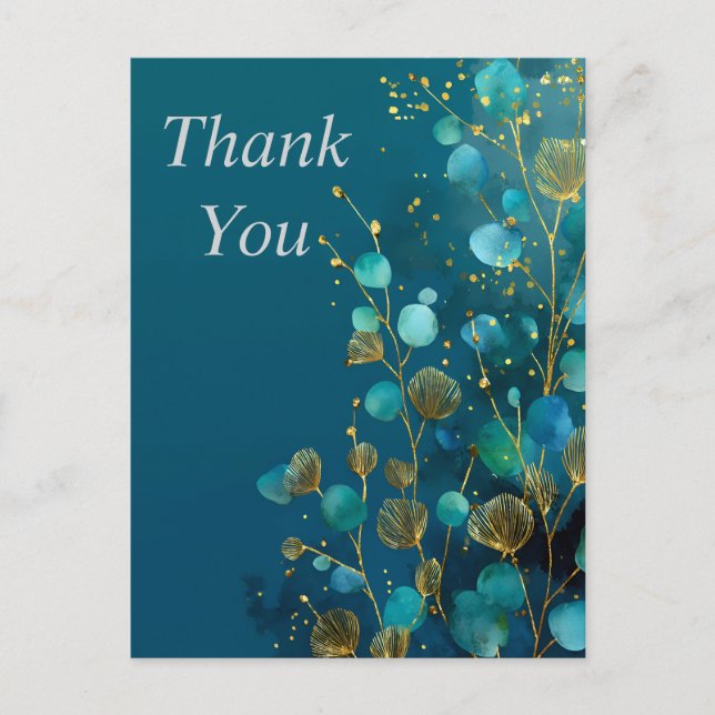 Postale Feuilles bleu et or sur Carte de remerciements ble (Devant)