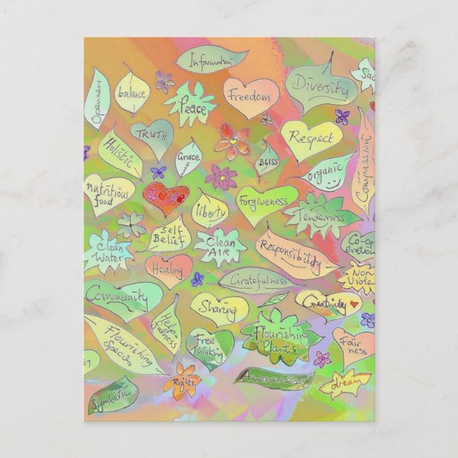 Postale Feuilles, Fleurs, Coeurs / Mots Conscients Carte p (Devant)