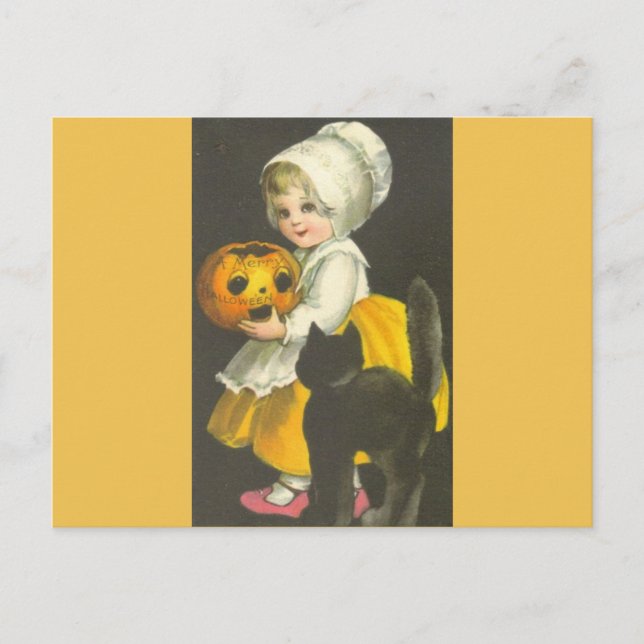 Postale Fille Citrouille Chat noir Vintage Halloween Carte (Devant)