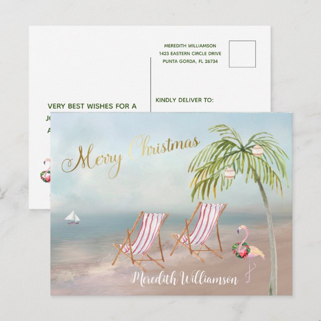 Postale Flamant rose de plage Joyeux budget de Noël Carte  (Devant / Derrière)