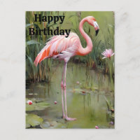 Flamant Rose Peint Dans Un Étang, Carte De Vœux D'