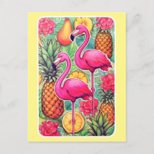 Postale Flamants roses et ananas - Carte tropicale estival