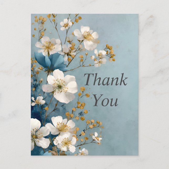 Postale Fleurs blanches sur Carte de remerciements bleu cl (Devant)