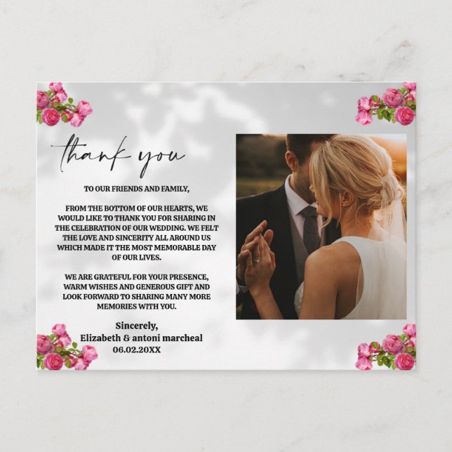 Postale fleurs roses avec Carte de remerciements photo (Devant)