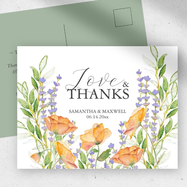 Postale Fleurs sauvages d'aquarelle carte de remerciements (Bridal shower thank you postcard watercolor wildflowers by Victoria Grigaliunas )