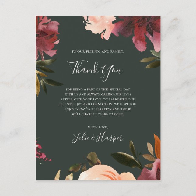 Postale Floral Bourgogne | Carte de réception Merci vert (Devant)