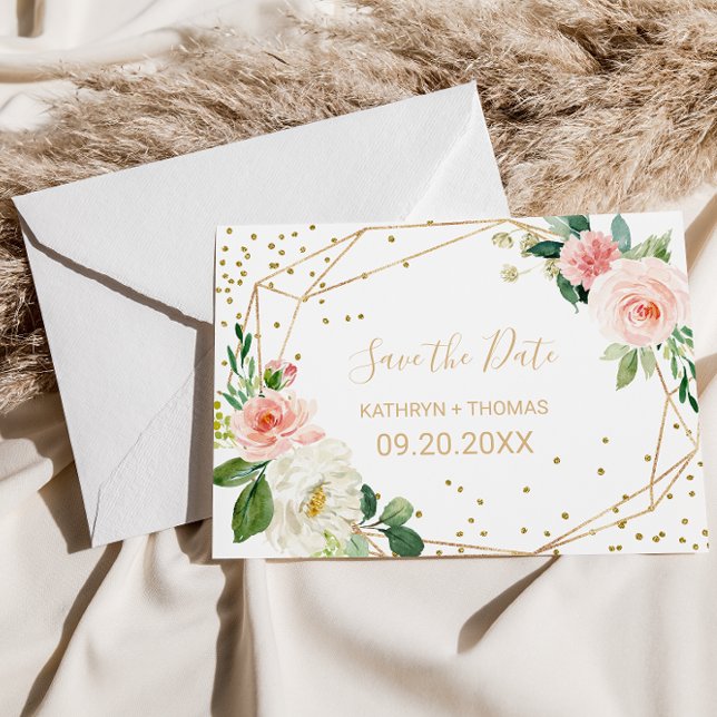 Postale Géométrie verte et or Enregistrer la carte Date (Créateur téléchargé)