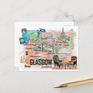 Postale Glasgow Écosse Carte de voyage illustrée avec rout