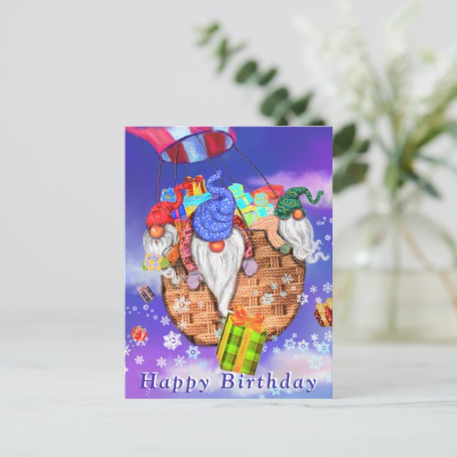 Postale Gnomes de carte d'anniversaire volant avec ballon (Debout devant)