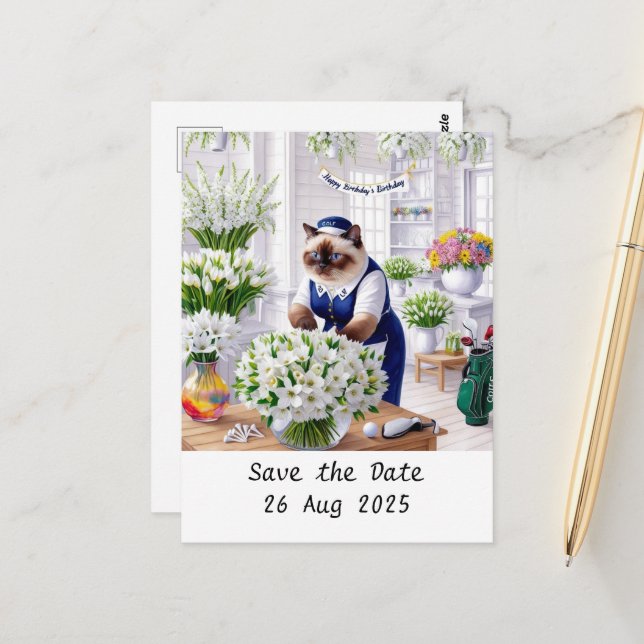 Postale Golfer CAT Anniversaire Carte d'invitation (Devant/Arrière en situation)