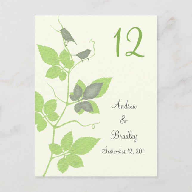 Postale Green Grey Birds Vines Mariage Carte Numéro de tab (Devant)