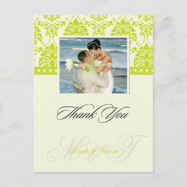 Postale Green + Ivory Damask Merci Carte postale, (Devant)