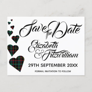 Postale Green Tartan Hearts Enregistrer la date Carte post