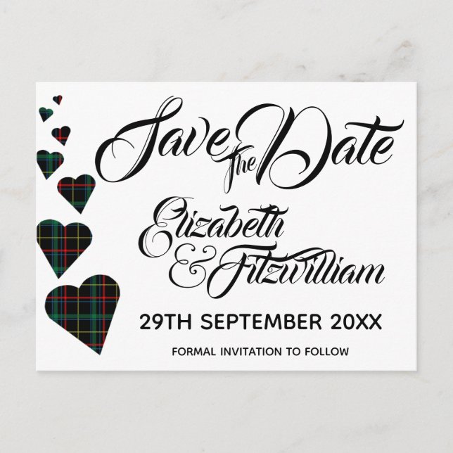 Postale Green Tartan Hearts Enregistrer la date Carte post (Devant)