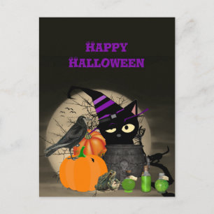 Postale Halloween Chat noir en cuisine pour enfants Carte 