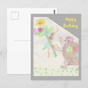 Postale Hérisson Fantaisiste et Bouquet de Fleurs Carte d'