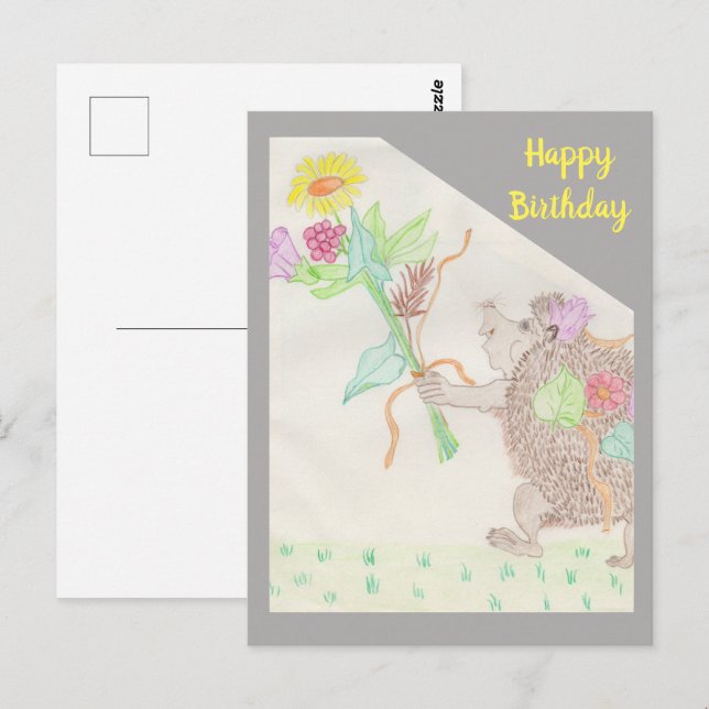 Postale Hérisson Fantaisiste et Bouquet de Fleurs Carte d' (Devant / Derrière)