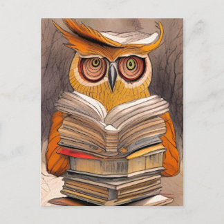 Postale Hibou lisant - Carte d'art