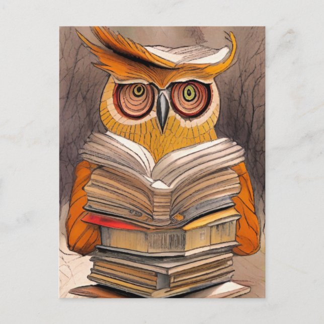 Postale Hibou lisant - Carte d'art (Devant)