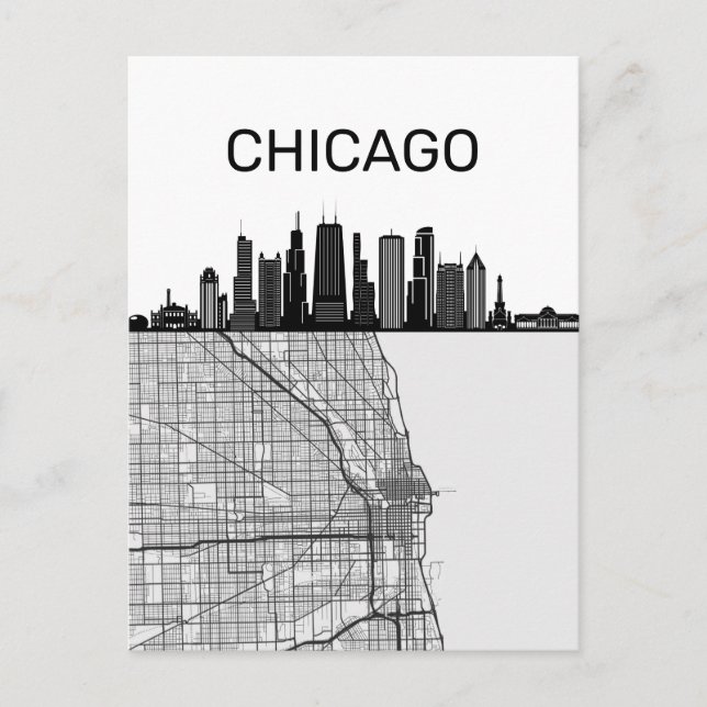 Postale Horizon de la ville de Chicago Illinois avec carte (Devant)
