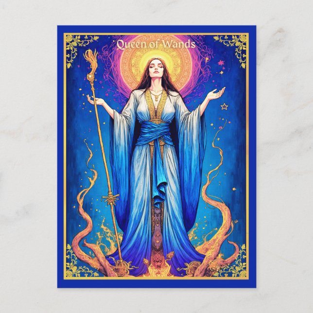 Postale Illustration de carte de tarot, Reine de Bâtons (Devant)