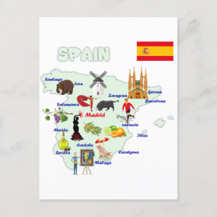 Postale Illustration de la carte de l'Espagne