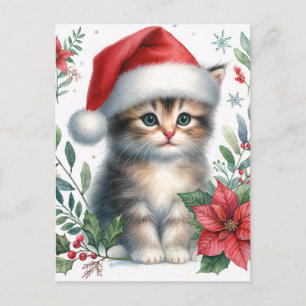 Postale Joli Chaton au Chapeau de Père Noël Carte de Noël