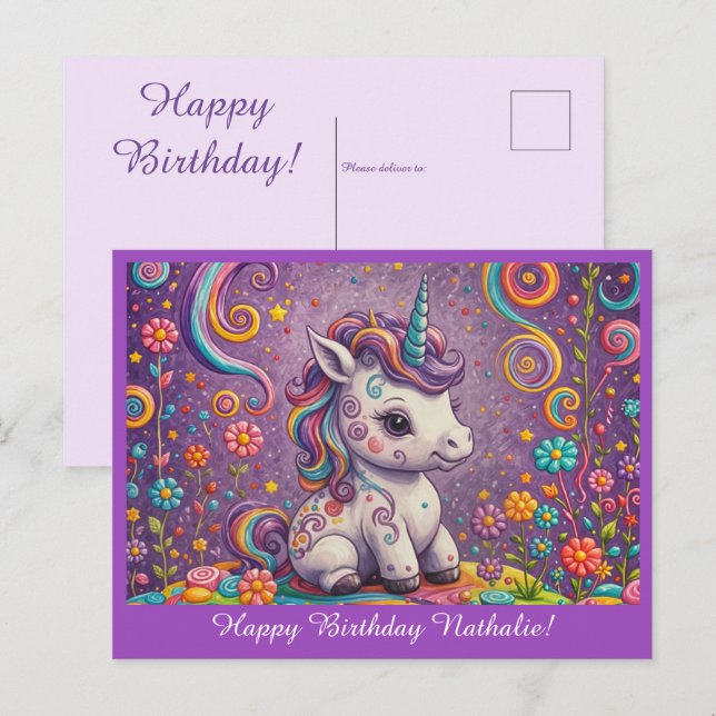 Postale Jolie carte d'anniversaire licorne violette pour b (Devant / Derrière)