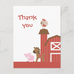 Postale Jolie ferme rouge animaux garçon merci carte posta