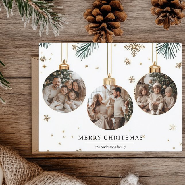 Postale Joyeuse carte de Noël avec trois ornements Photos (Créateur téléchargé)