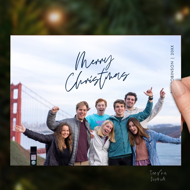 Postale Joyeuse carte de Noël en famille, Moderne Minimali (Merry Christmas Family Photo, Modern Minimal Postcard in Navy Blue theme)