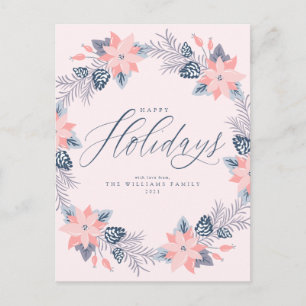 Postale Joyeuses Fêtes Couronne de poinsettia rose Carte p