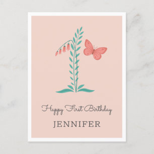 Postale Joyeux 1er anniversaire Bébé Fille Papillon Carte 