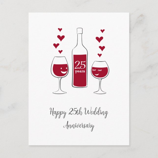 Postale Joyeux 25e Anniversaire de Mariage Carte Coeur Vin (Devant)