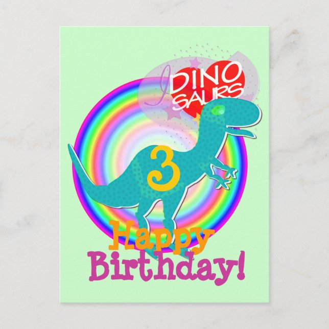Postale Joyeux anniversaire 3 ans Blue Dino T-Rex carte po (Devant)