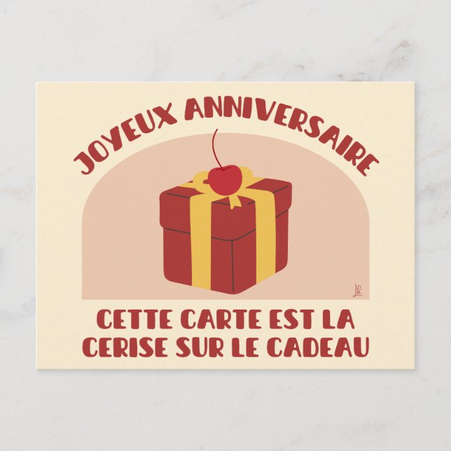 Postale Joyeux anniversaire, carte cerise sur le cadeau (Devant)