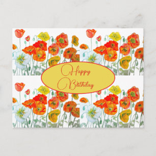 Postale Joyeux Anniversaire Poppy floral Rouge Jaune Carte