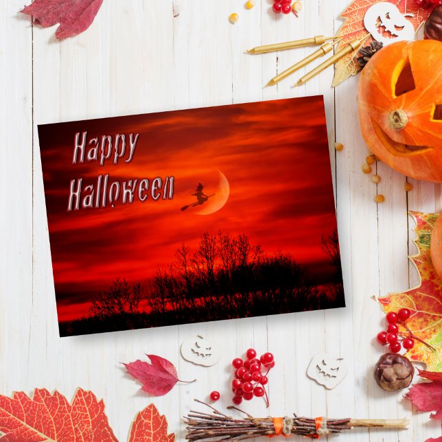 Postale Joyeux Halloween avec sorcière et lune Carte posta (Send to your family and friends a spooky note!)