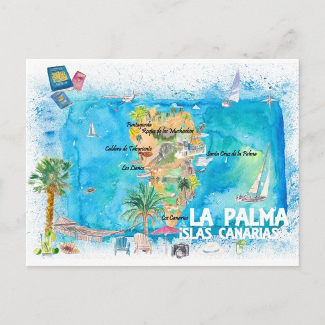 Postale La Palma Carte de Voyage Illustrée avec Routes (Devant)