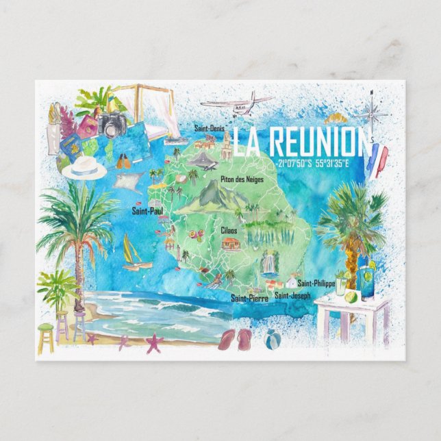 Postale La Réunion Carte illustrée de l'île touristique  (Devant)