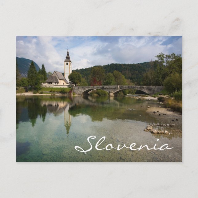 Postale Lac Bohinj avec église en Slovénie texte carte pos (Devant)