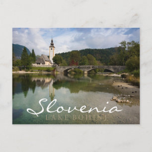 Postale Lac Bohinj avec église, Slovénie double carte text