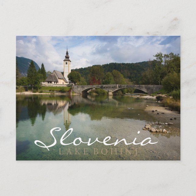 Postale Lac Bohinj avec église, Slovénie double carte text (Devant)