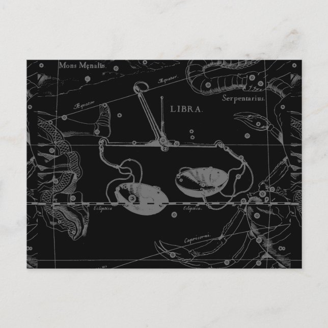 Postale Libra Constellation Hevelius 1690 Carte sur Noir (Devant)