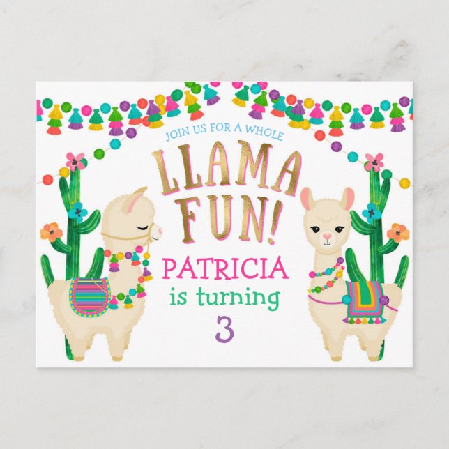 Postale Llama, Carte d'invitation pour anniversaire Fiesta (Devant)