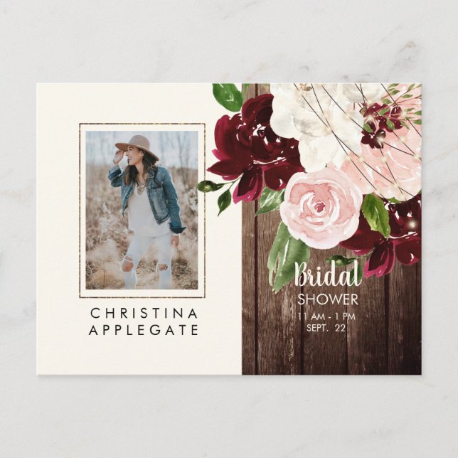 Postale Lush Blush & Burgundy Photo Fête des mariées Carte (Devant)