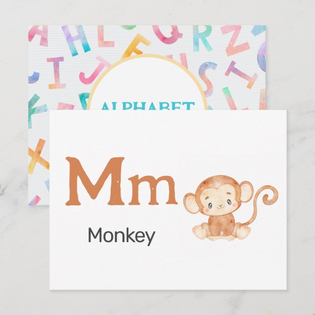 Postale M est pour Singe - Carte Flash Alphabet (Devant / Derrière)
