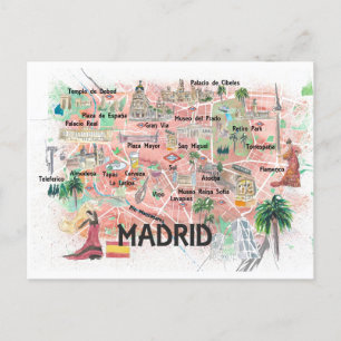 Postale Madrid Espagne Carte de Voyage Illustrée avec Rout